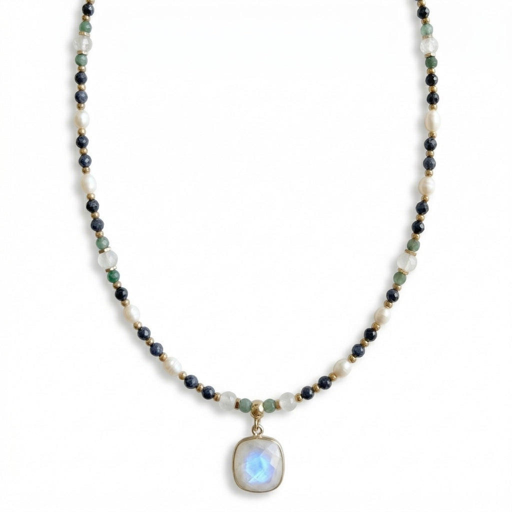 MIX NATURAL STONE NECKLACE WITH MOONSTONE PENDANT