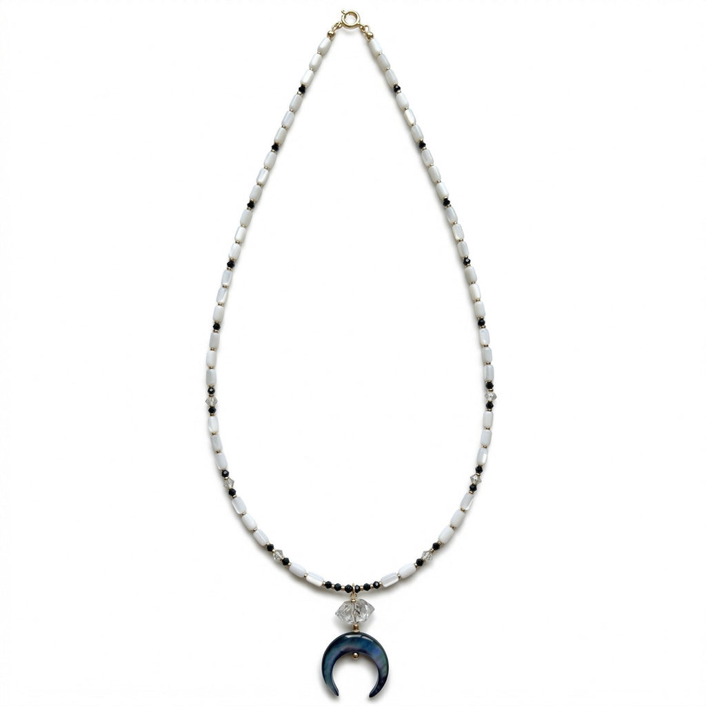 MOTHER OF PEARL, TOURMALINE AND HERKIMER DIAMOND "MOON" necklace