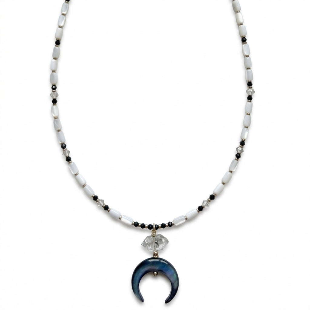 MOTHER OF PEARL, TOURMALINE AND HERKIMER DIAMOND "MOON" necklace