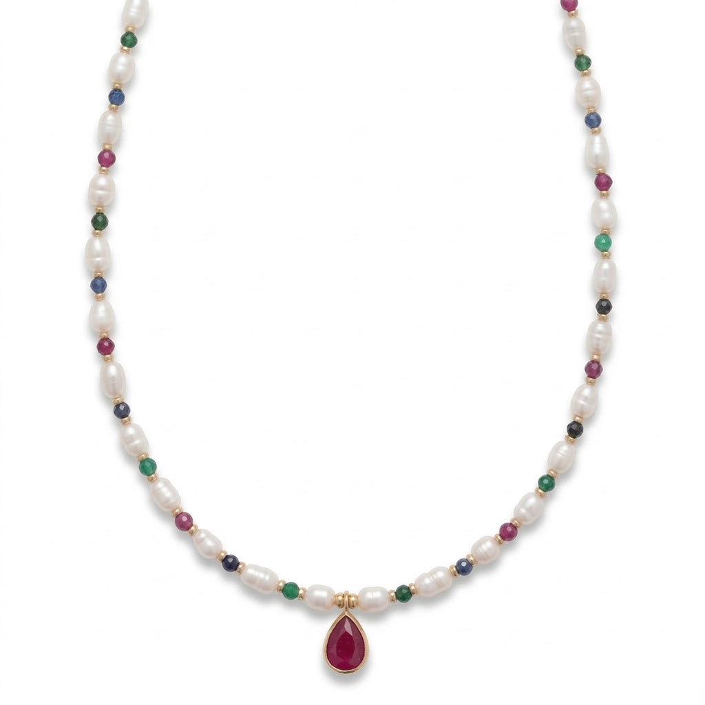 PEARL necklace with SAPPHIRE, EMERALD AND RUBY