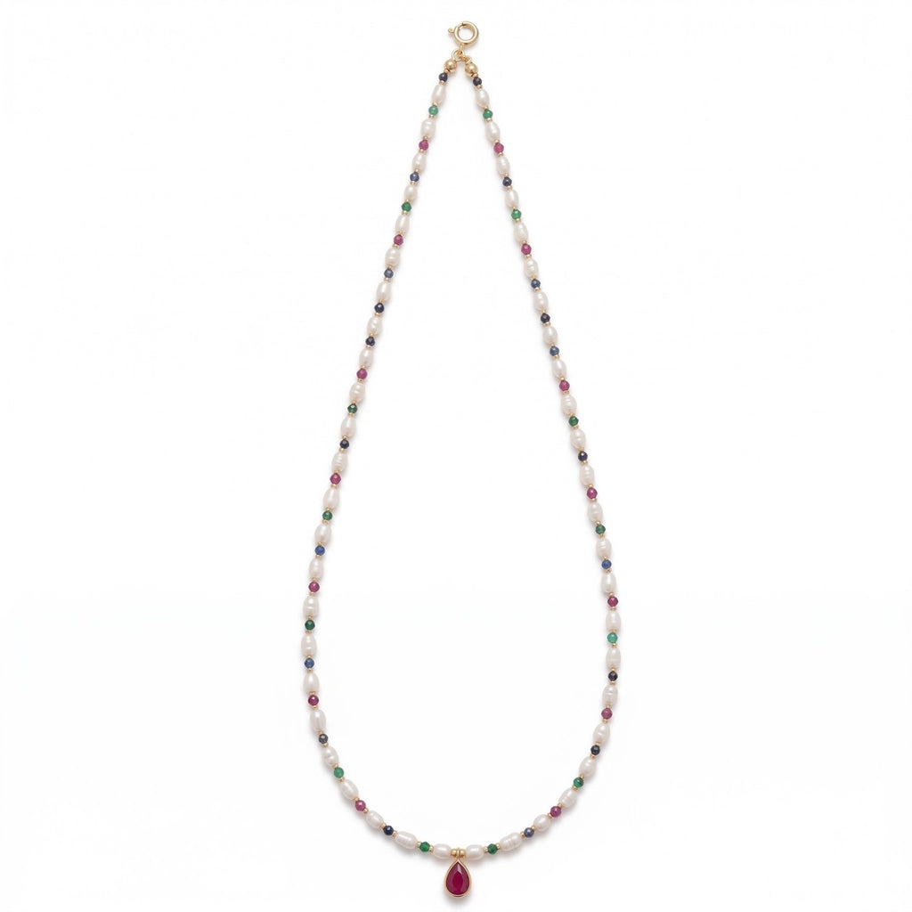 PEARL necklace with SAPPHIRE, EMERALD AND RUBY